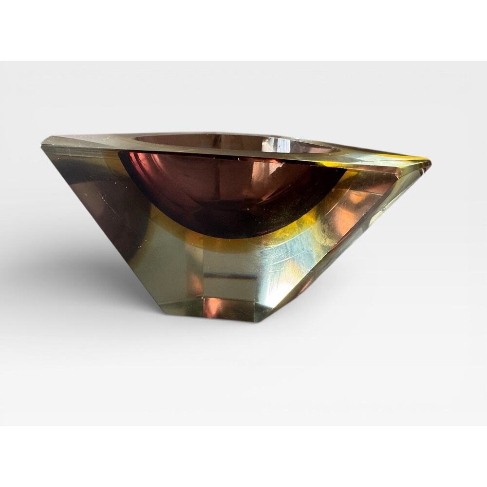 Mid Century Smoked Sommerso Art Glass Bowl Faceted Murano Style MCM